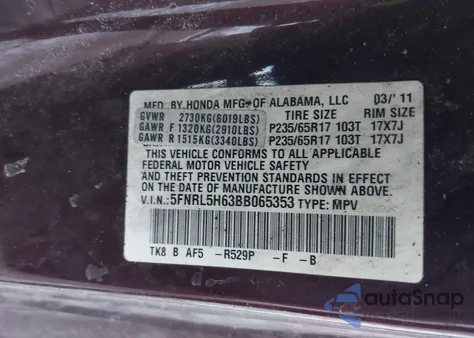 2011 Honda Odyssey Ex-L из США, поврежденный, VIN 5FNRL5H63BB065353